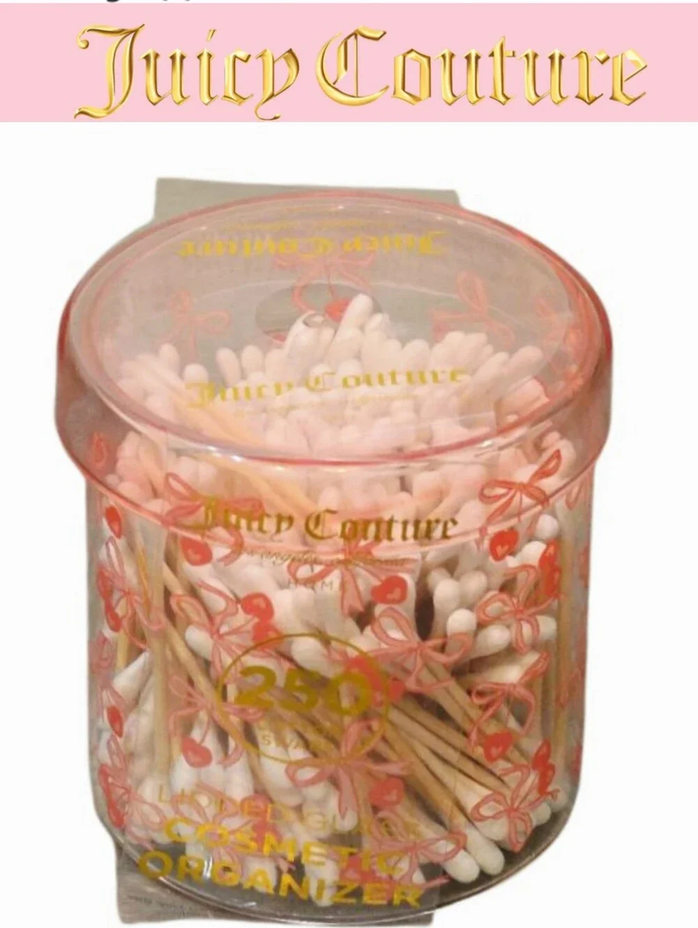 Juicy Couture Home Heart Cherries & Bow Lidded Glass Cosmetic Organizer w/Swabs